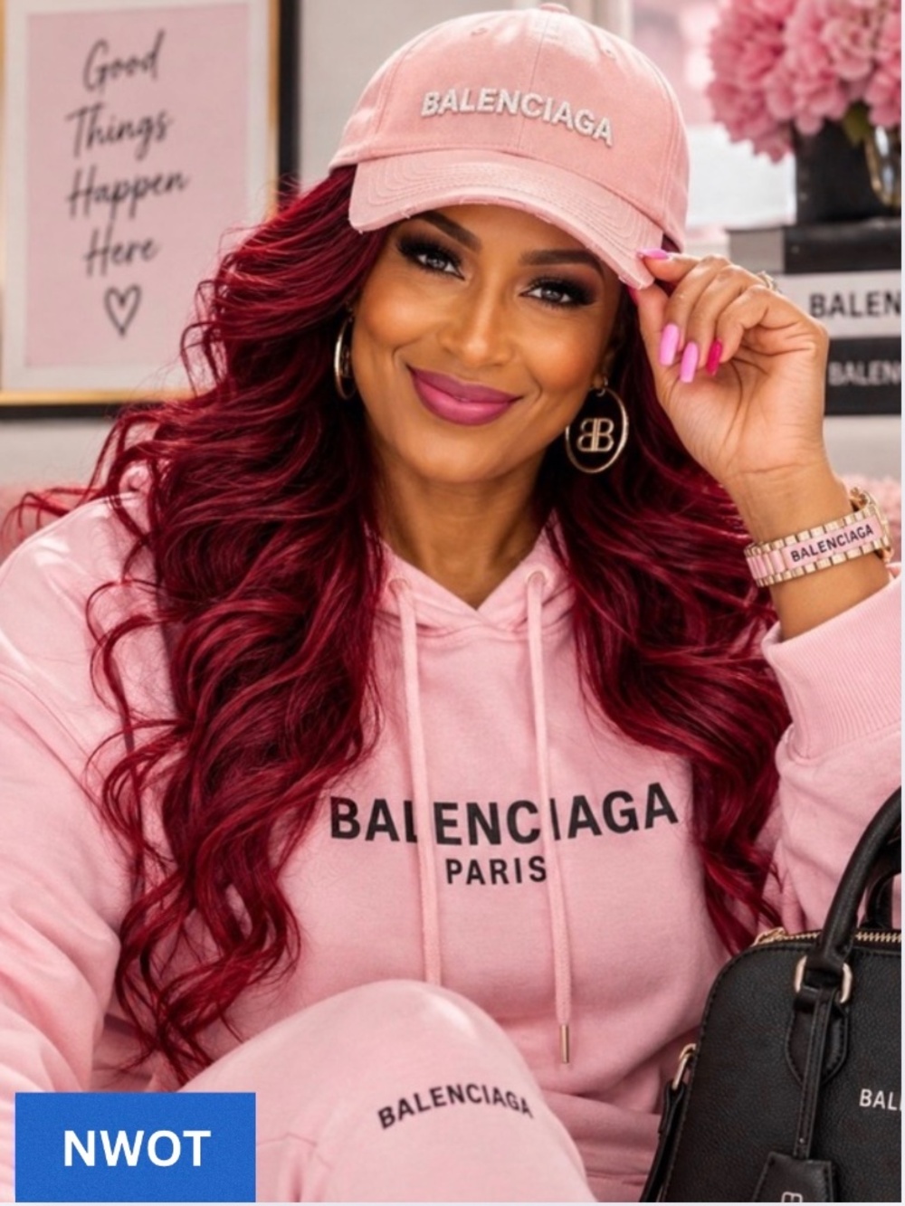 HAT: Pink Baseball Cap w/White Lettering, EUC